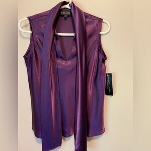Shimmering Purple Satin Sleeveless Blouse | Dressy Tie-Neck Top | Size S